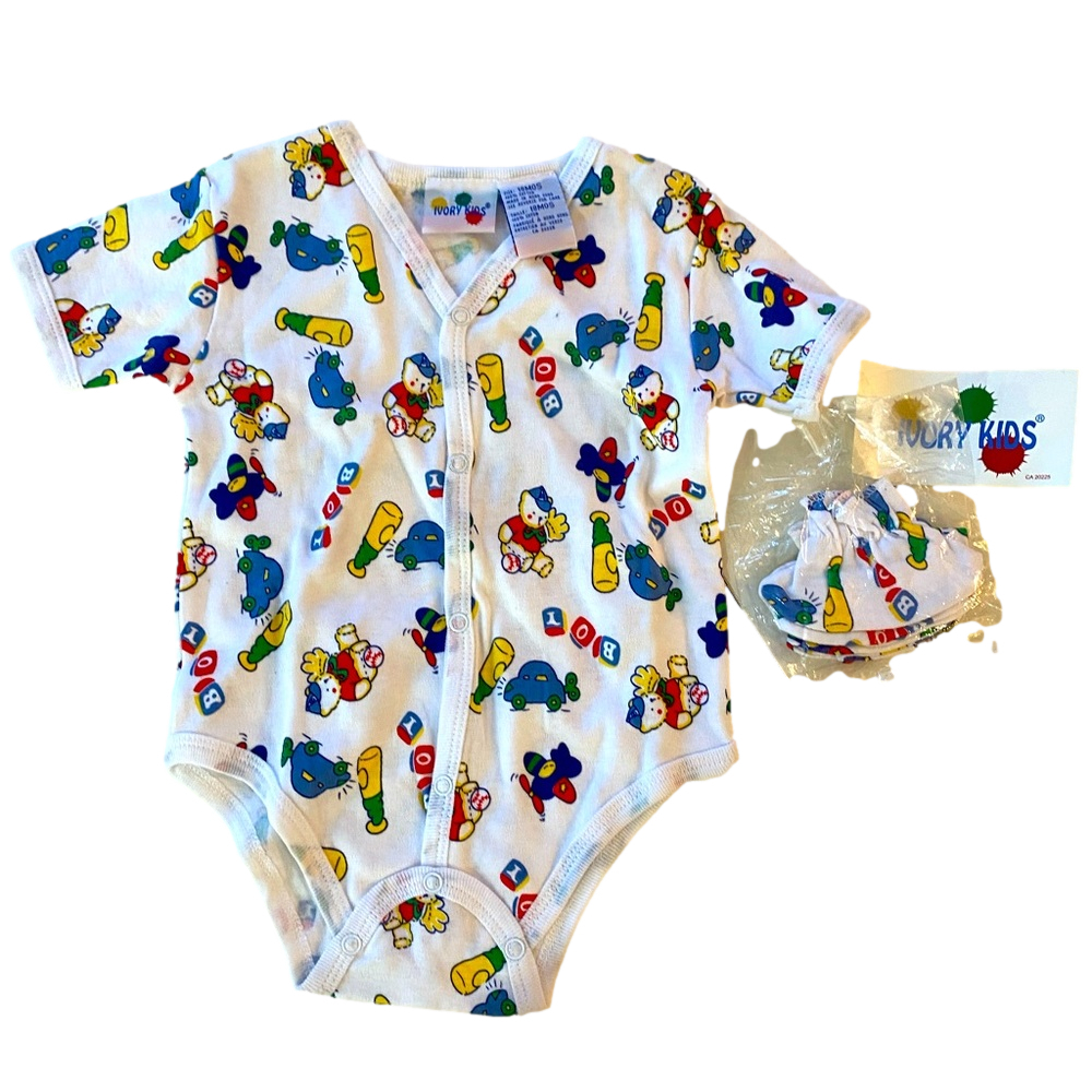 ivory kids "BOI" print set short sleeve onsie and booties. NWT 100% cotton 18M